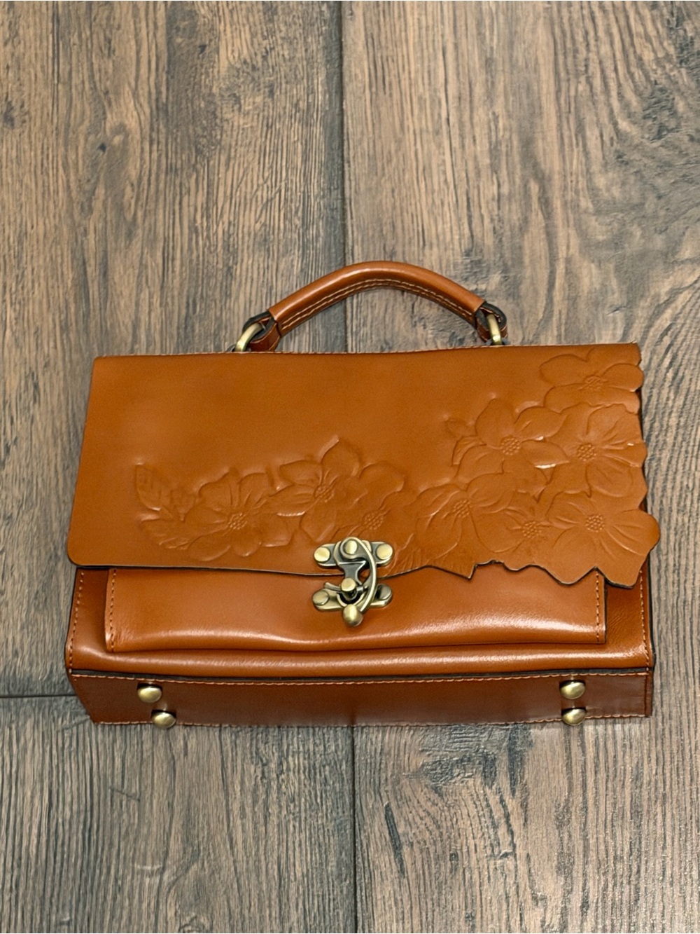 Patricia Nash Tan Floral Embossed Leather Satchel